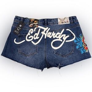 Ed Hardy Shorts Womens 30 Blue Denim Dukes Jean Cut-Offs Painted Distressed Y2K